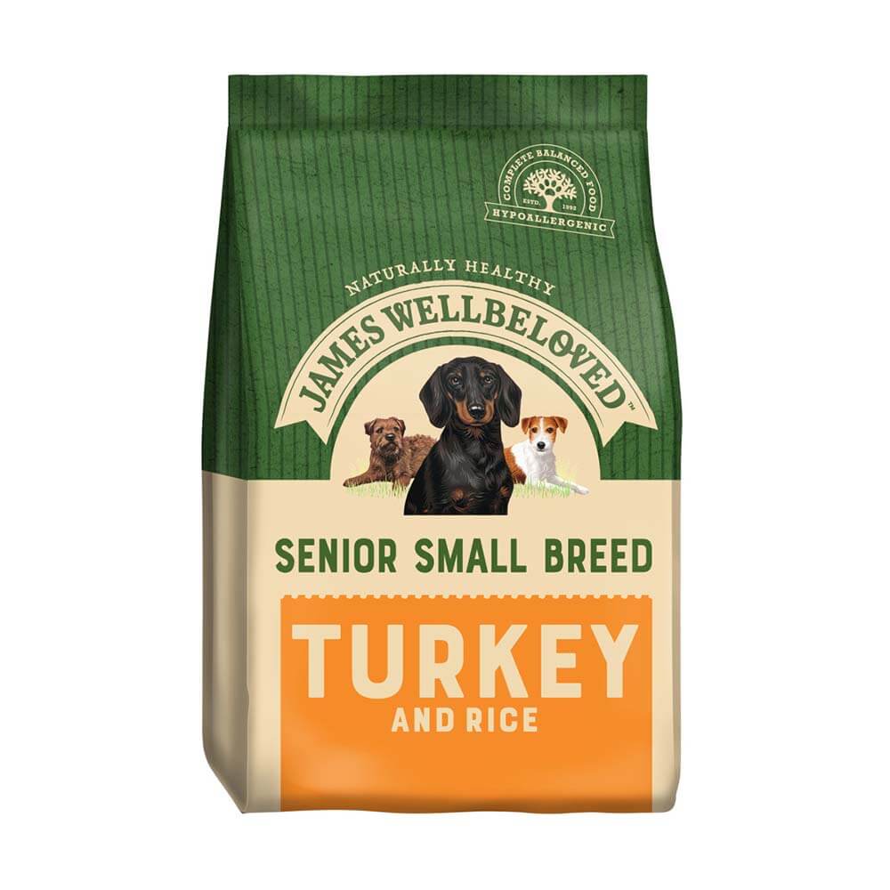 James Wellbeloved Small Breed Senior Turkey &amp; Rice dog food for older small dogs.