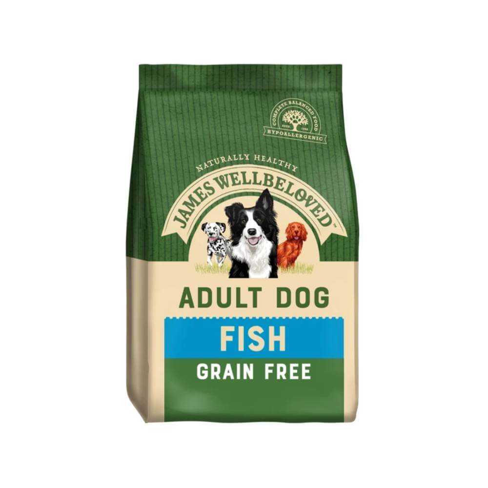 Green and beige James Wellbeloved Fish &amp; Veg Adult hypoallergenic dog food bag.