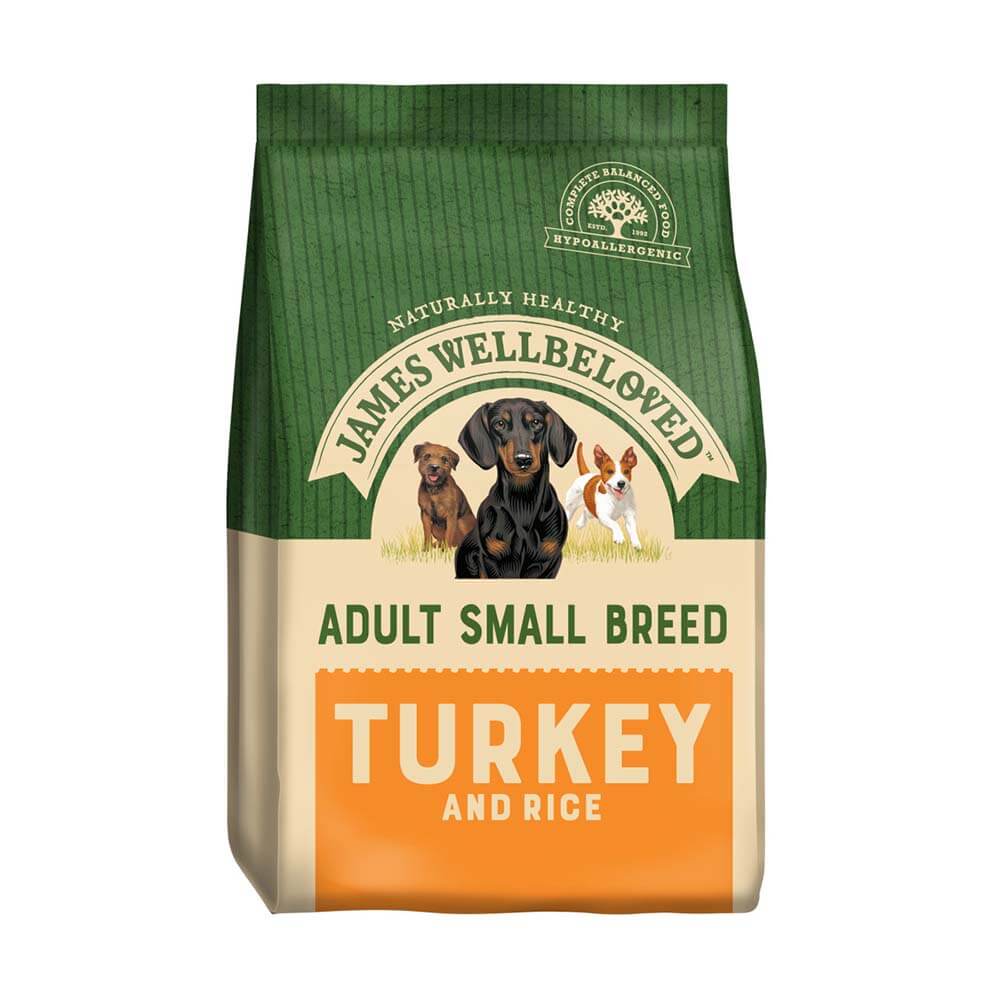James Wellbeloved Turkey &amp; Rice Small Breed Adult dry dog food with three dog illustrations.