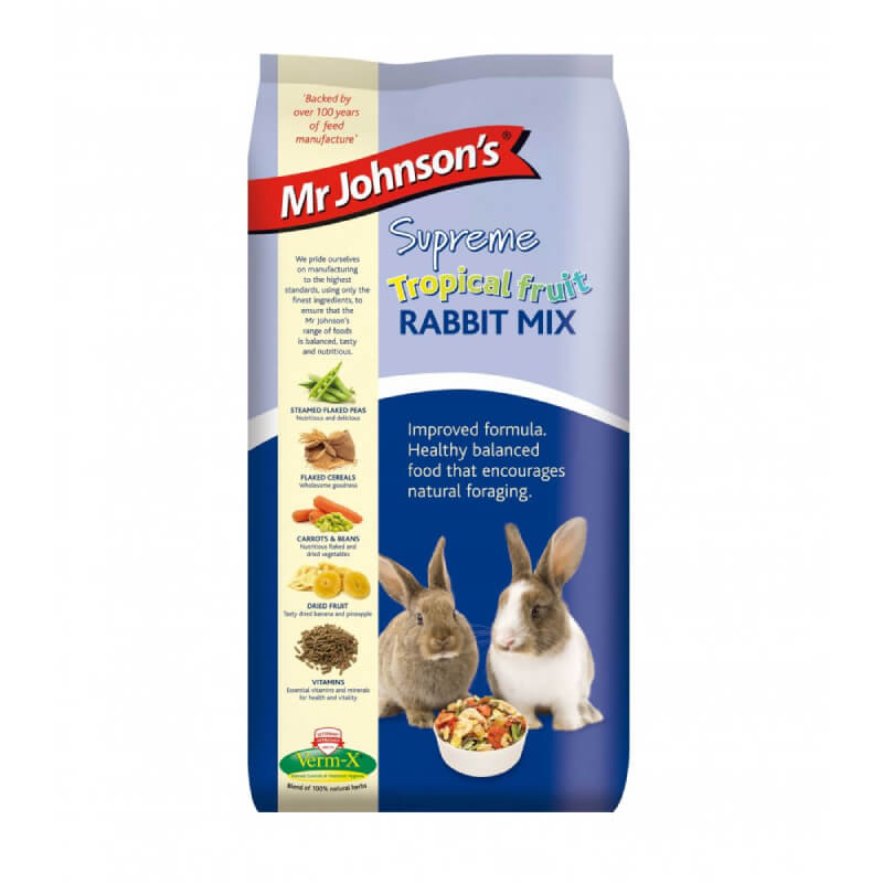 Mr Johnsons Supreme Tropical Fruit Rabbit Mix 2.25kg with two rabbits and a bowl of food.