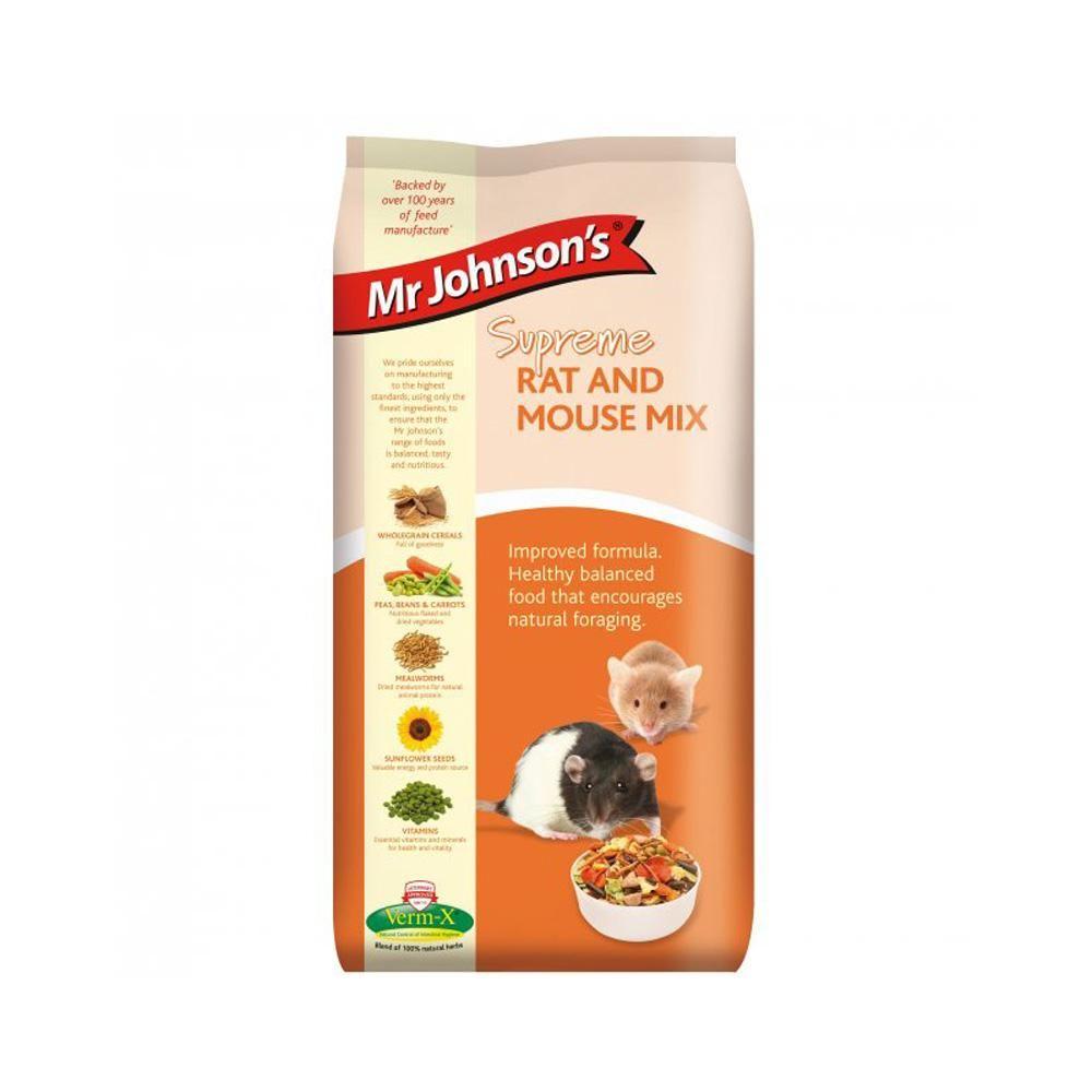 Mr Johnsons Supreme Rat &amp; Mouse Mix 900g with a rat, mouse, and food bowl on the pack.