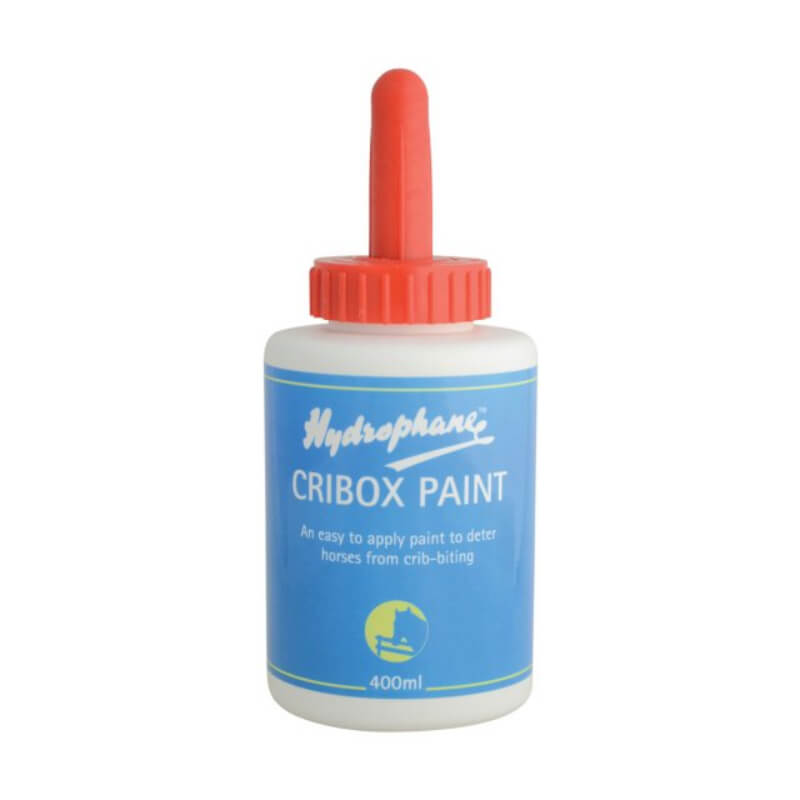 Hydrophane Cribox Paint 400ml prevents horses from crib-biting; red lid, blue label.