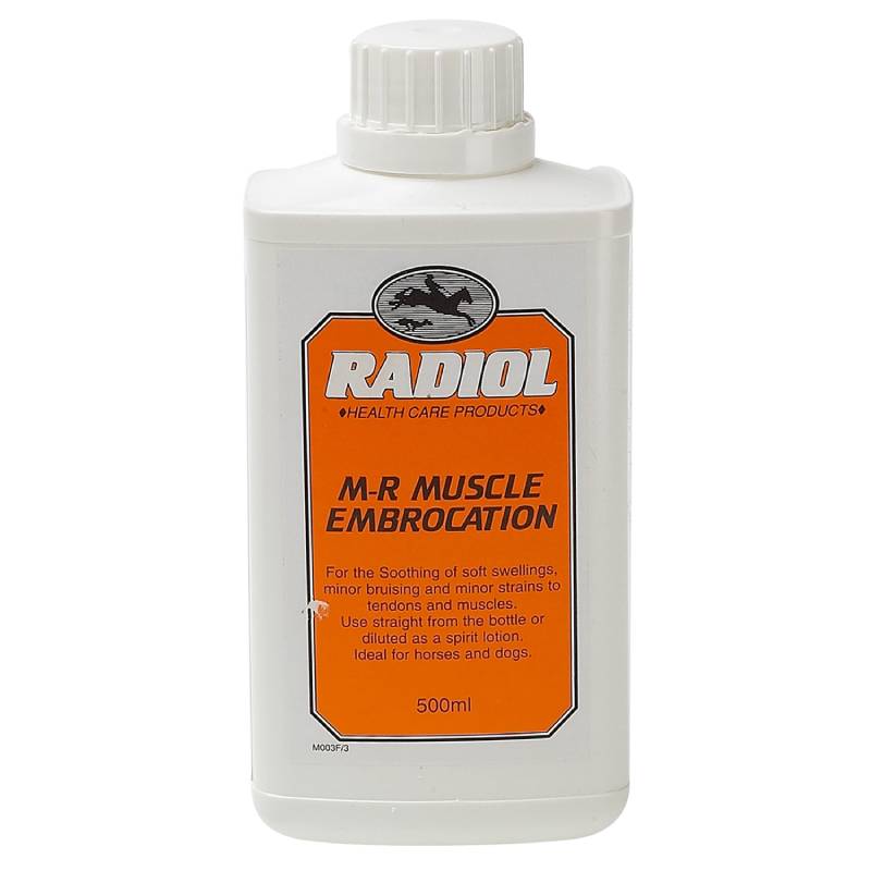 Radiol M-R Muscle Embrocation 500ml soothes minor bruising in horses and dogs.
