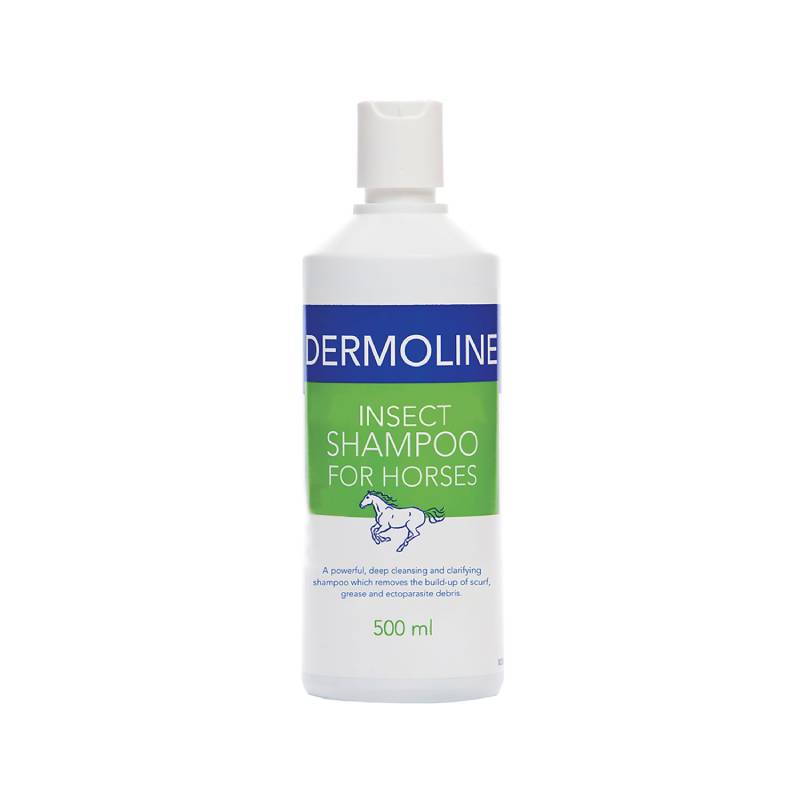 500ml white bottle of Dermoline Insecticidal Shampoo for horses with blue and green label.