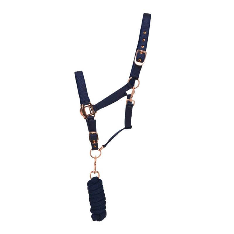 Hy Rose Gold Headcollar & Lead by Hy: navy blue, adjustable, with rose gold buckles.