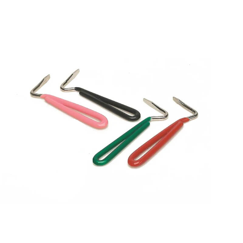 Four dental tools with angled metal tips and colored handles, similar to a Lincoln Hoof Pick.