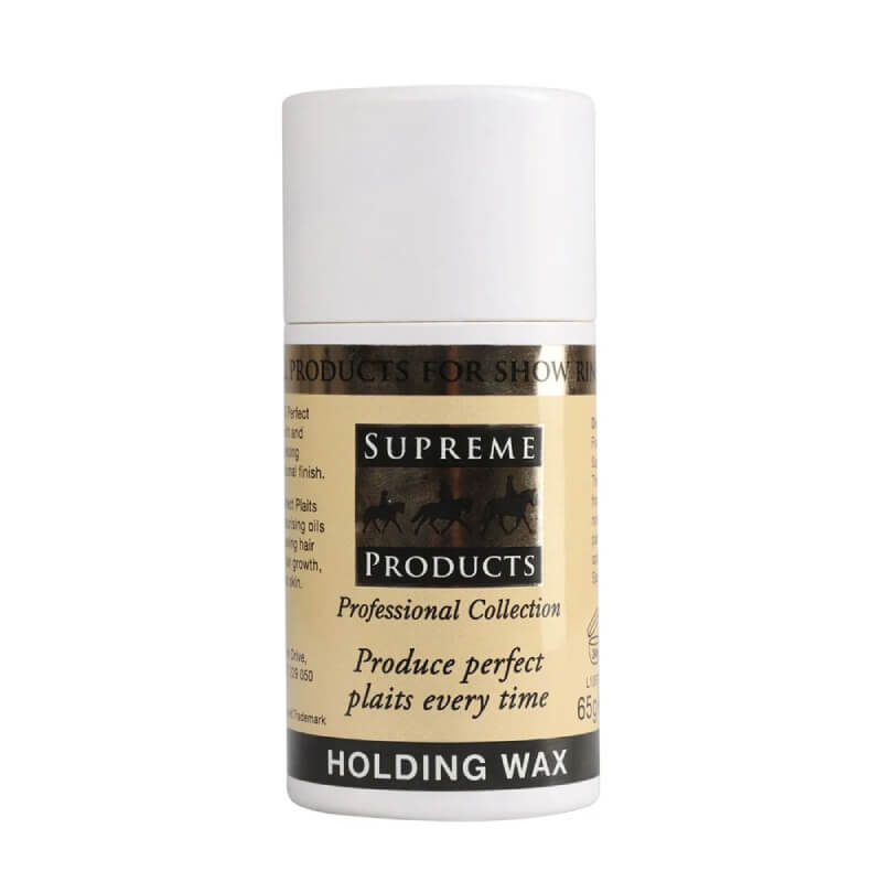 Supreme Products Perfect Plaits Holding Wax 65g for horse mane care, black &amp; gold label.