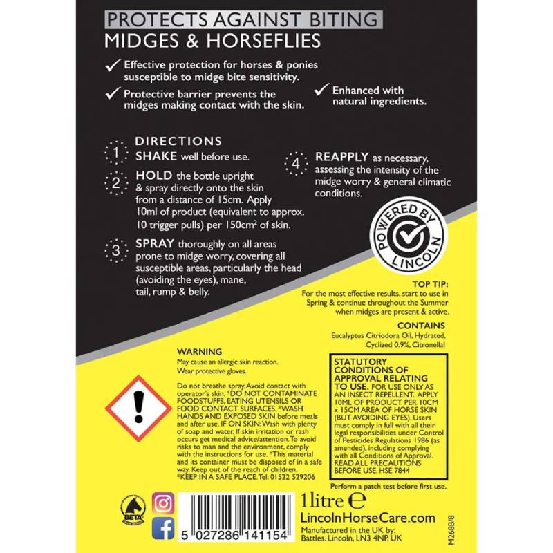 Lincoln Ditch The Itch 1Ltr midge repellent spray for horses by Lincoln, black bottle.
