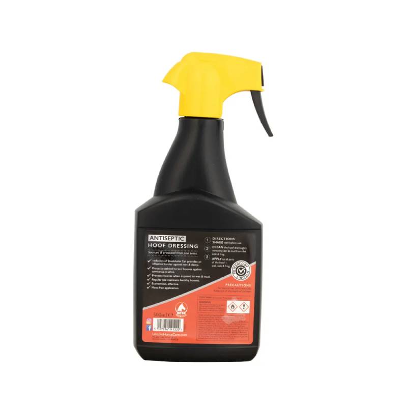 Lincoln Pine Tar Spray 500ml, hoof care by Lincoln with yellow trigger top for hygiene.