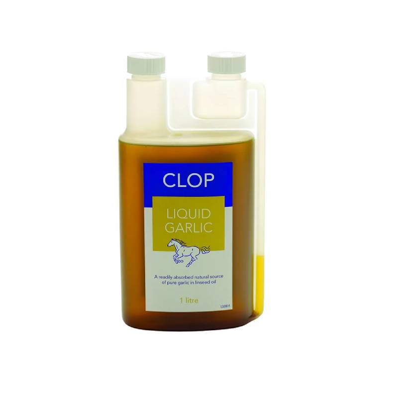 A 1L bottle of Clop Liquid Garlic with a yellow and blue label.