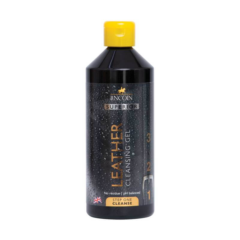 Lincoln Superior Leather Cleansing Gel 500ml, black bottle with yellow cap, pH balanced.