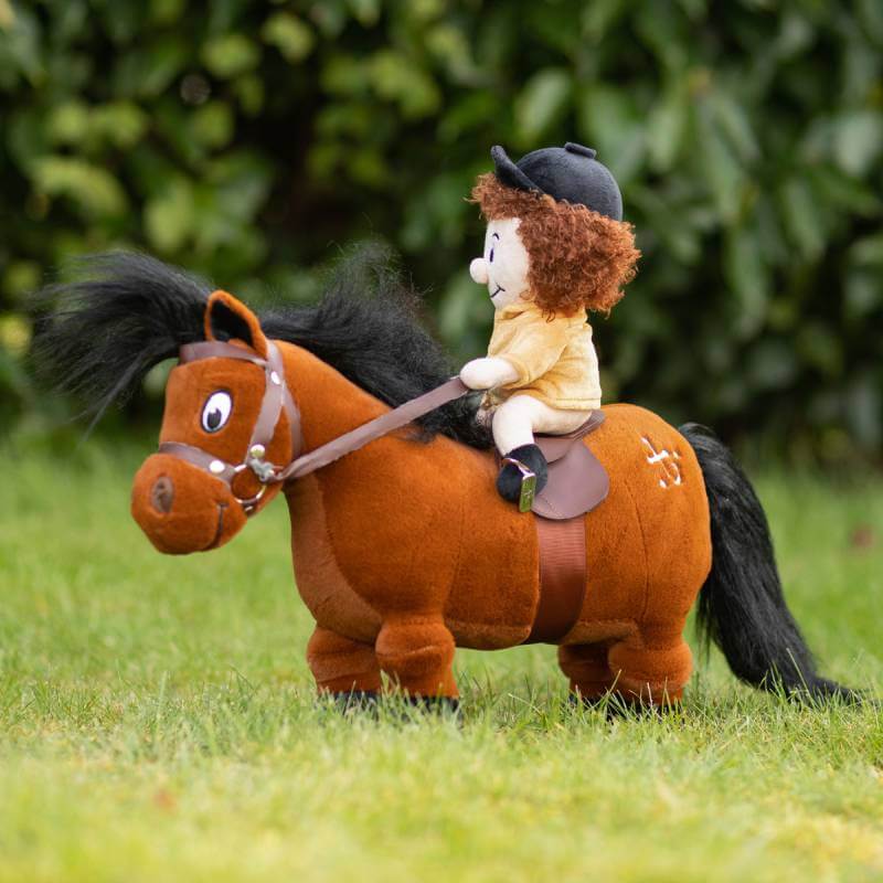 Thelwell Ponies Fiona &amp; Merrylegs plush toy by Thelwell on grass with greenery.