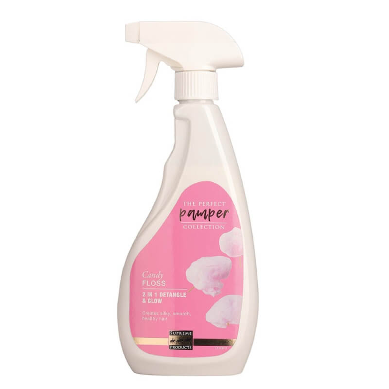 Supreme Products Candy Floss 2 in 1 Detangle &amp; Glow Spray 500ml with pink label for manes/tails.
