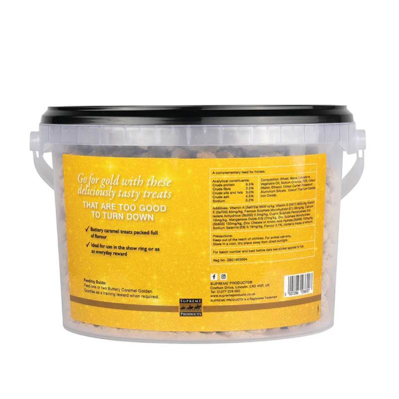 Supreme Products Buttery Caramel Golden Goodies 2kg in a clear tub with black lid and yellow label.