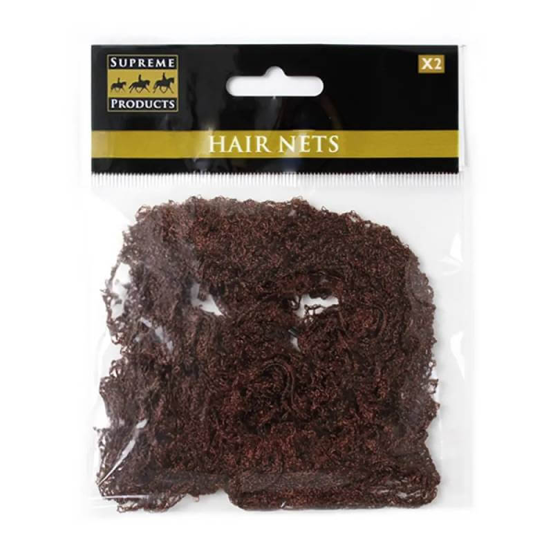 A pack of two Supreme Products Standard Weight Dark Brown Hair Nets, perfect for riding.