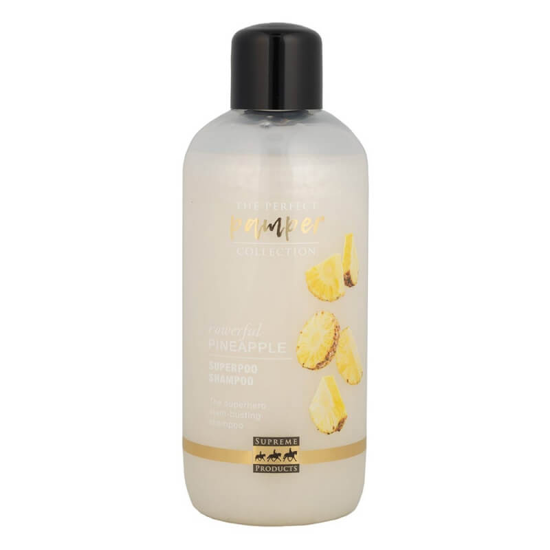 White bottle of Supreme Products Powerful Pineapple Superpoo Shampoo 500ml with black cap.