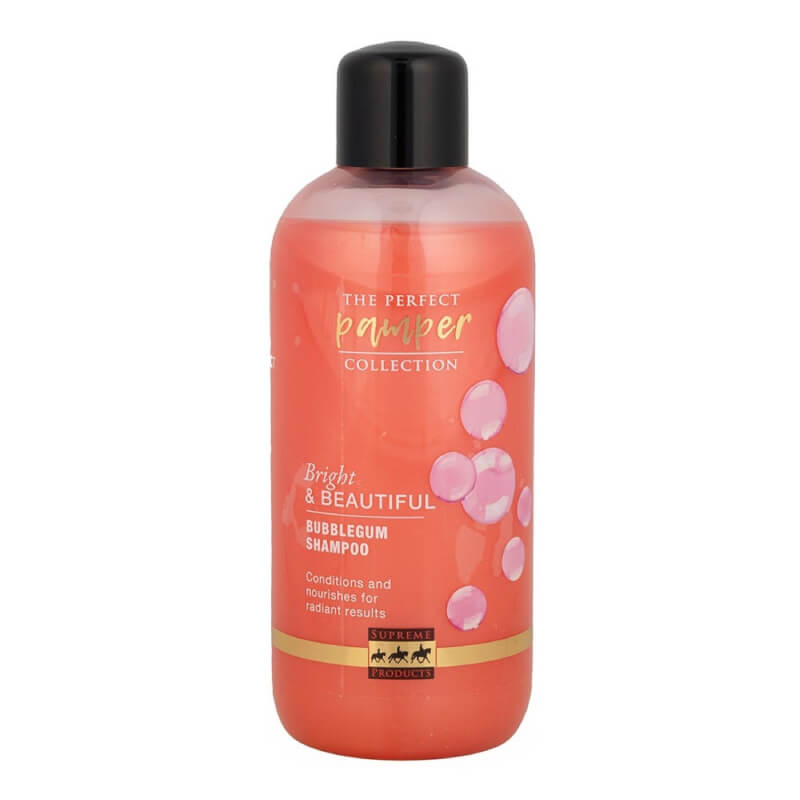 Supreme Products Bright &amp; Beautiful Bubblegum Shampoo 500ml for a shiny horse coat, pink liquid.