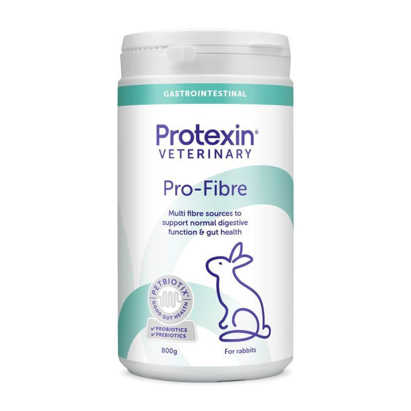 Protexin Pro Fibre Rabbits 800g tub with rabbit image and digestive health info.