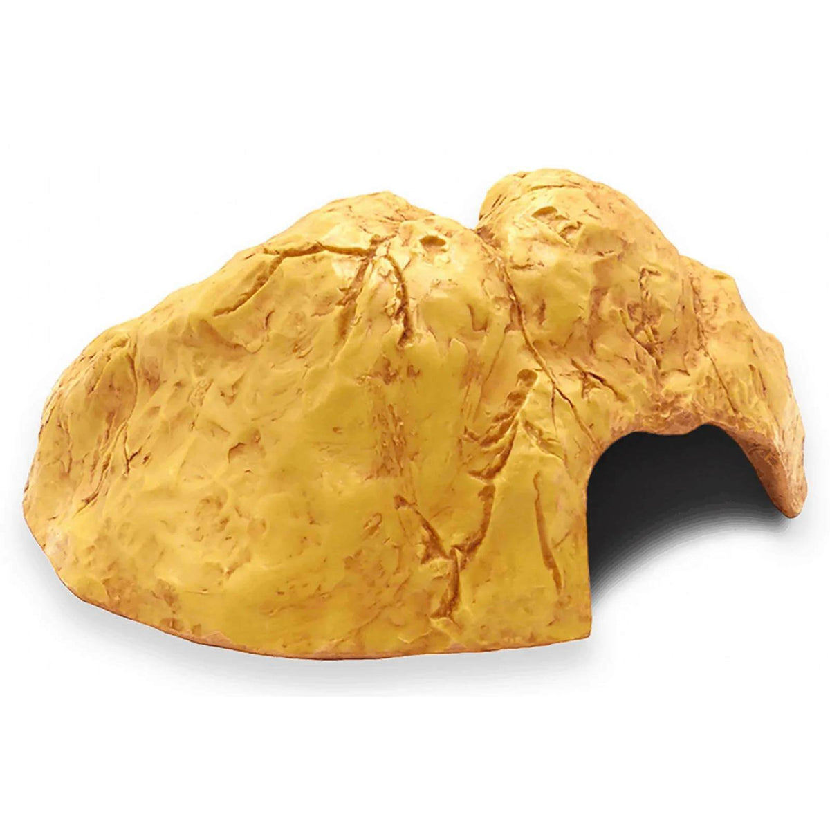 The Habistat Sandstone Reptile Cave is a small, arched hide with a yellowish sandstone finish.