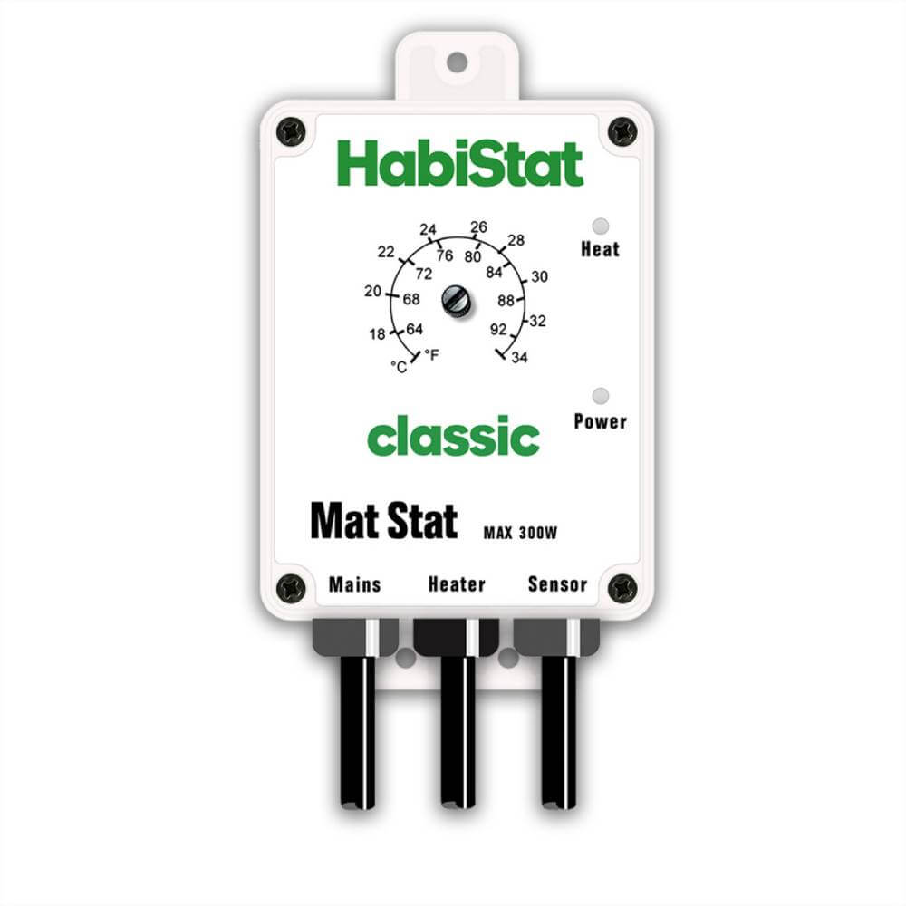 Habistat Mat Stat 300 Watt heat mat thermostat with temp dial and 3 black cables.