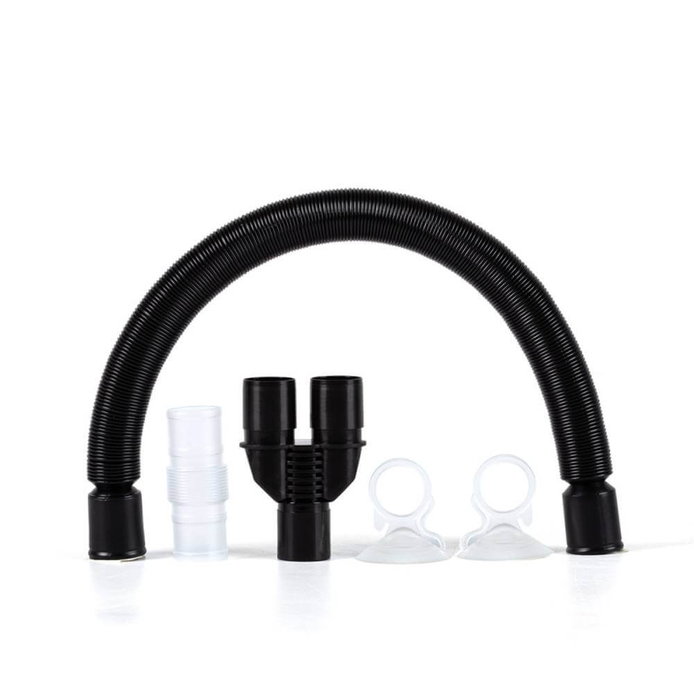 Flexible black hose, Habistat Dual Outlet connector, two clear rings, and a clear adapter.