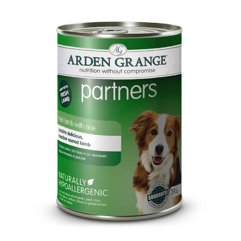 Arden Grange Partners Dog Lamb &amp; Rice 395g can with hypoallergenic ingredients.