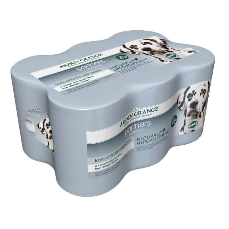 Arden Grange Partners Dog Sensitive 6x395g, hypoallergenic and grain free for Dalmatians.