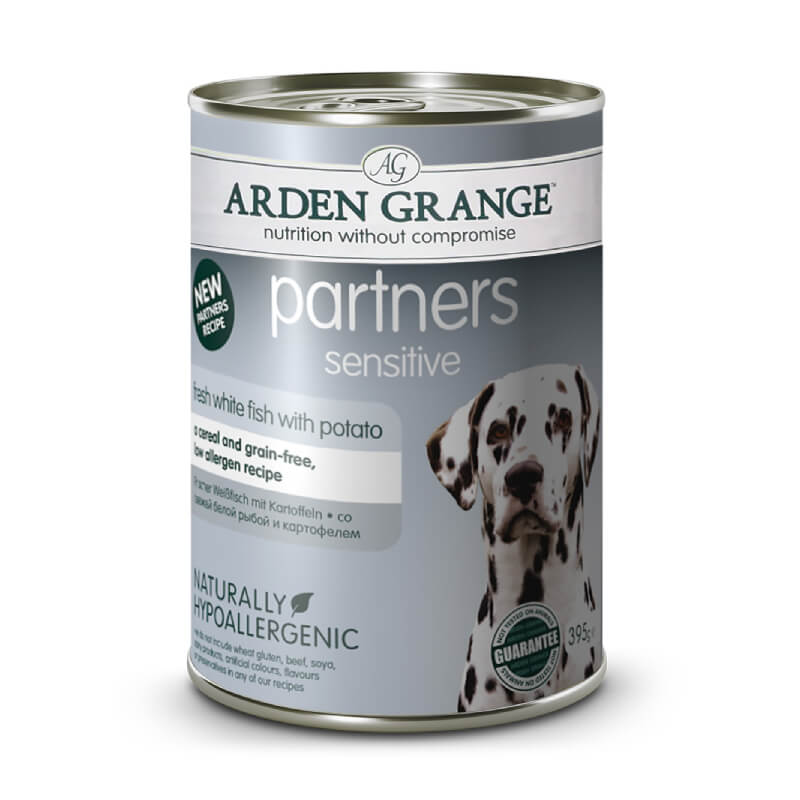 Arden Grange Partners Dog Sensitive 395g can, grain free, with Dalmatian on label.