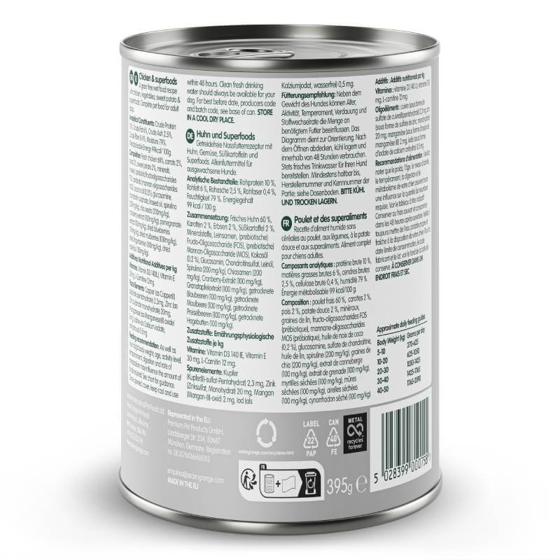 Arden Grange Grain Free Adult Dog Chicken & Superfoods 6x395g, detailed info on label.