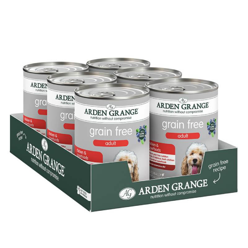 Six cans of Arden Grange Grain Free Adult Dog Chicken &amp; Superfoods 6x395g in a tray.