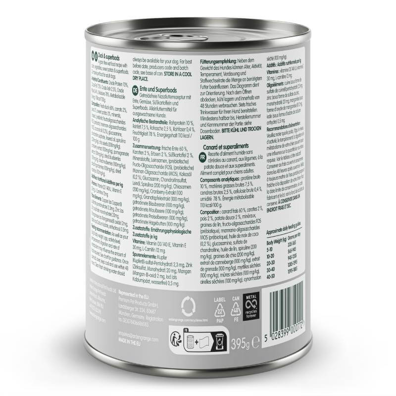 Arden Grange Grain Free Adult Dog Duck & Superfoods 6x395g with nutrition info in several languages.