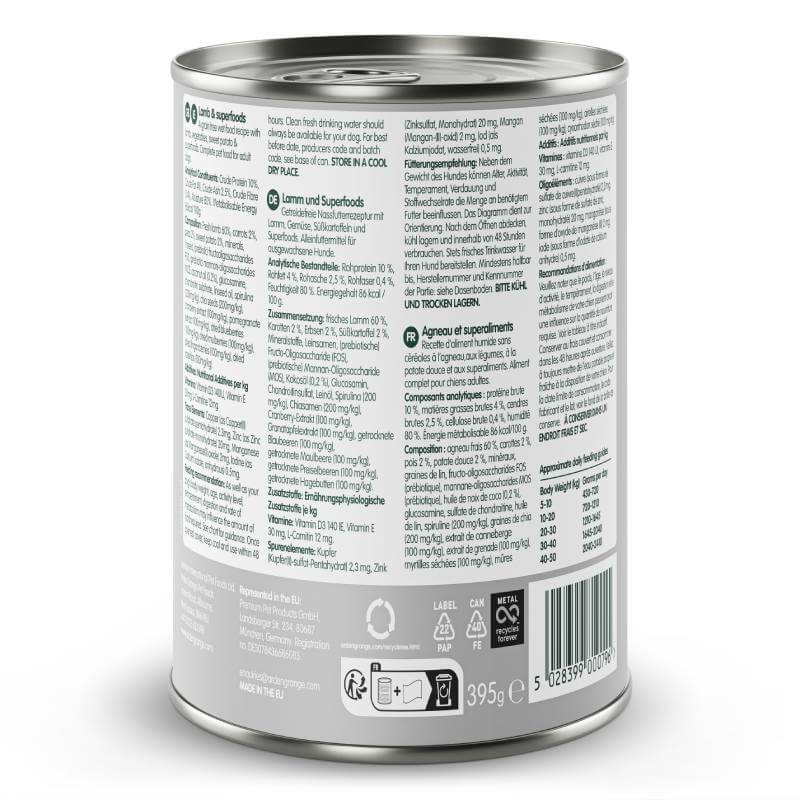 Arden Grange Grain Free Adult Dog Lamb & Superfoods 6x395g can with full label info.