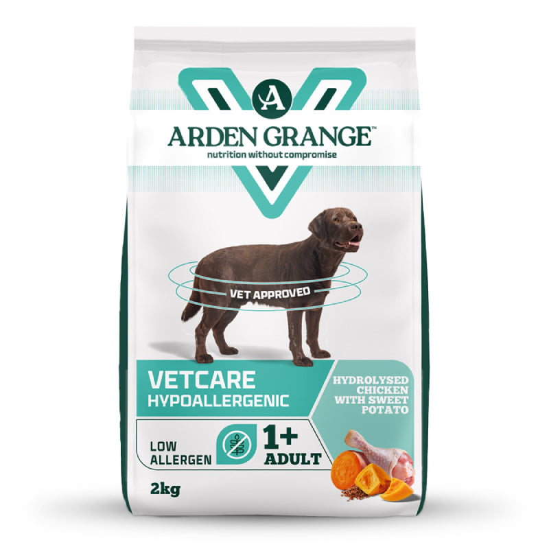 Arden Grange VetCare Hypoallergenic Dog Dry Food bag with a brown dog on the packaging.
