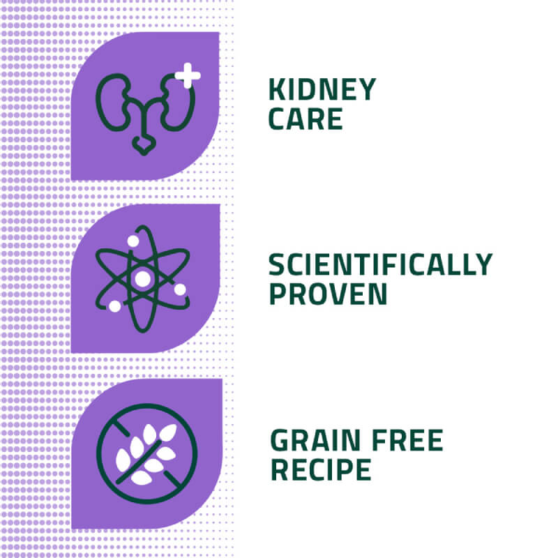 Three purple icons: VetCare Renal, Proven, Grain Free by Arden Grange for dogs.