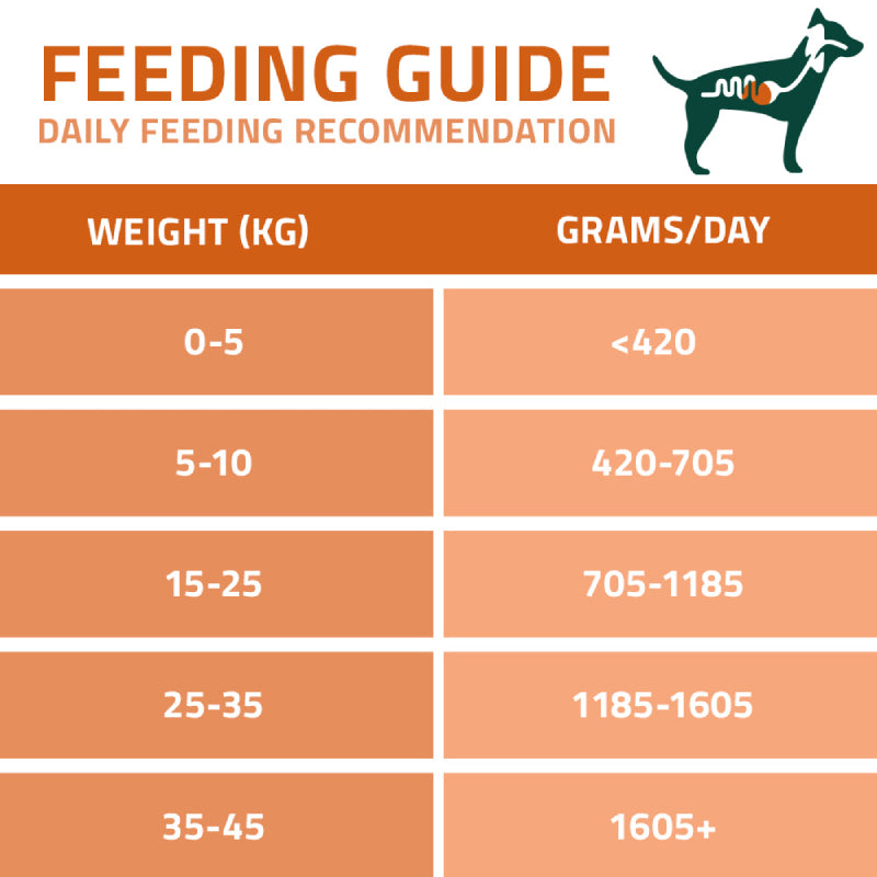 Arden Grange VetCare Gastrointestinal Dog Can feeding guide: daily grams for 0-45kg+ dogs.