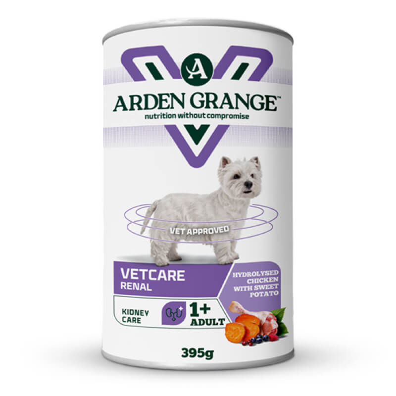 Arden Grange VetCare Renal Dog Can 6x395g with dog and ingredients on the label.