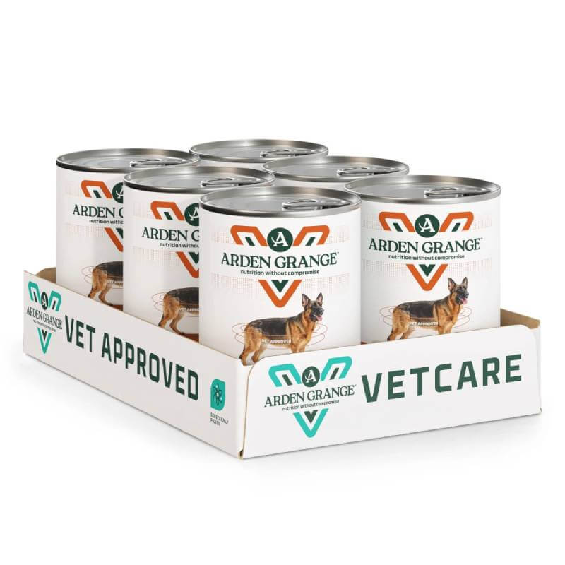 Six cans of Arden Grange VetCare Gastrointestinal Dog Food, 395g each, in white tray.