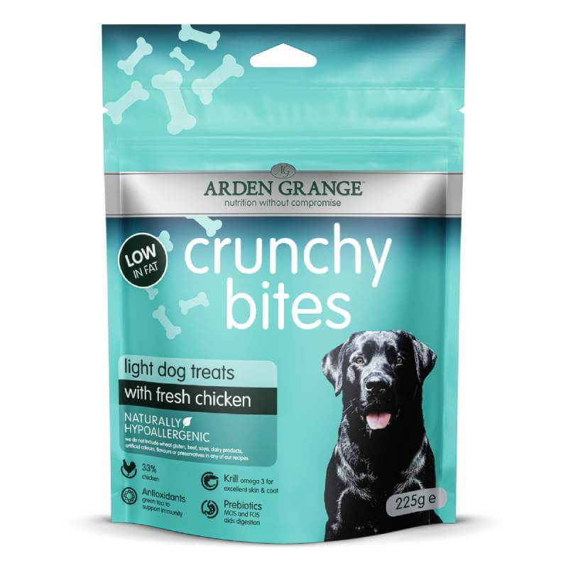 A teal bag of Arden Grange Crunchy Bites Light 225g, low calorie chicken treats for Labradors.