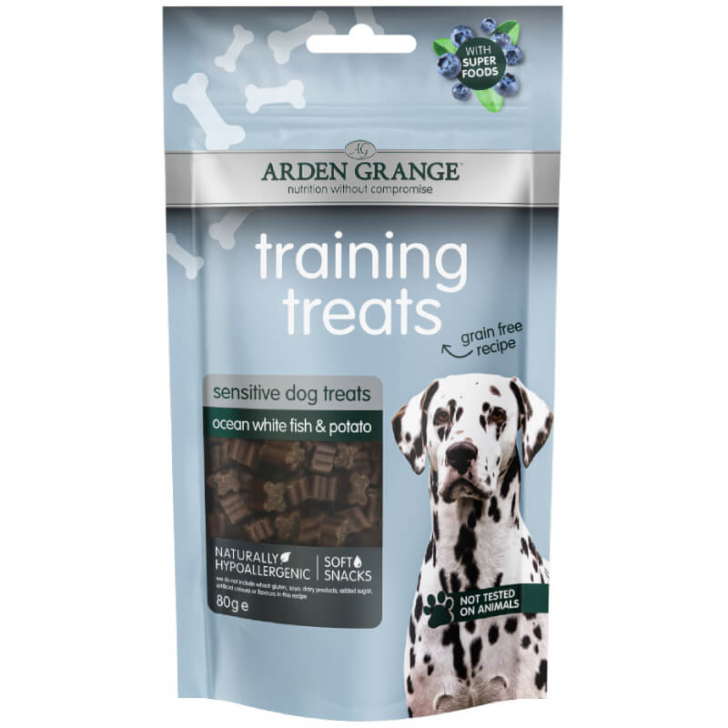 Arden Grange Grain Free Training Treats Sensitive Fish & Potato 80g for dogs, 80g bag.