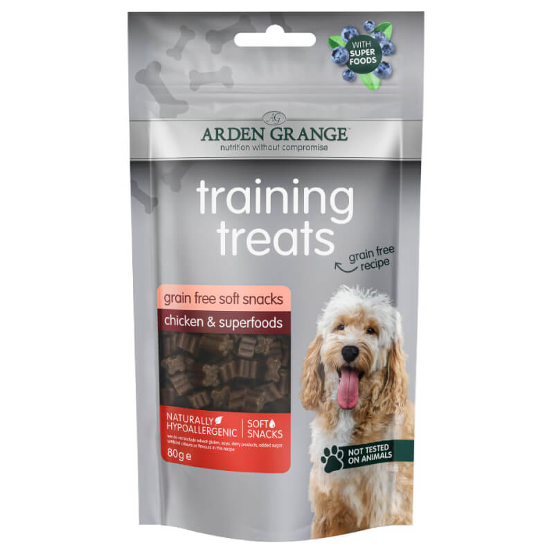 Arden Grange Grain Free Training Treats Chicken & Superfoods 80g dog treats pouch.