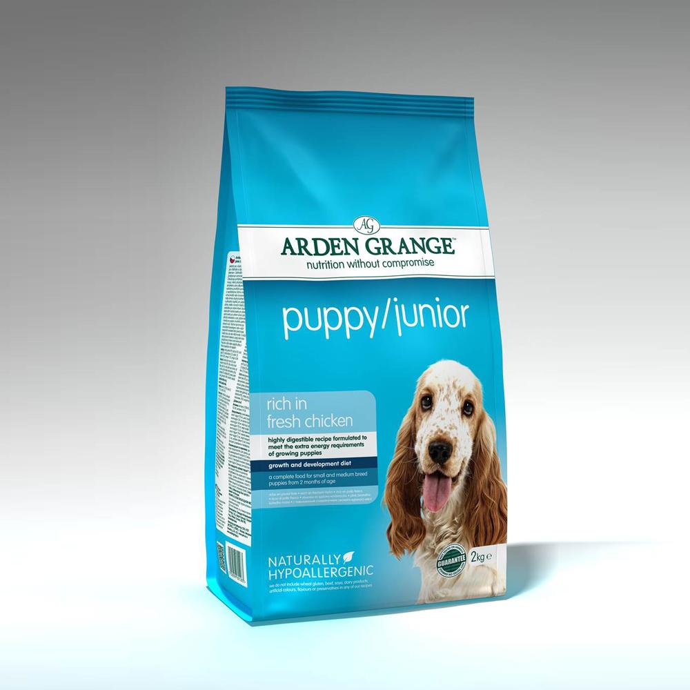 Blue bag of Arden Grange Puppy/Junior food for small breed puppies with fresh chicken.