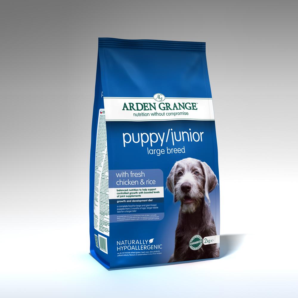 Arden Grange Puppy Junior Large Breed, super premium food for growing pups, in blue bag.