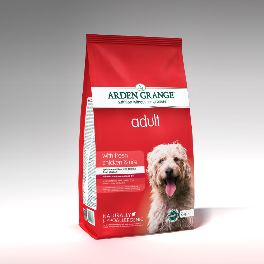 Arden Grange Adult Chicken &amp; Rice Dog Food for adults with a shaggy dog on the front.