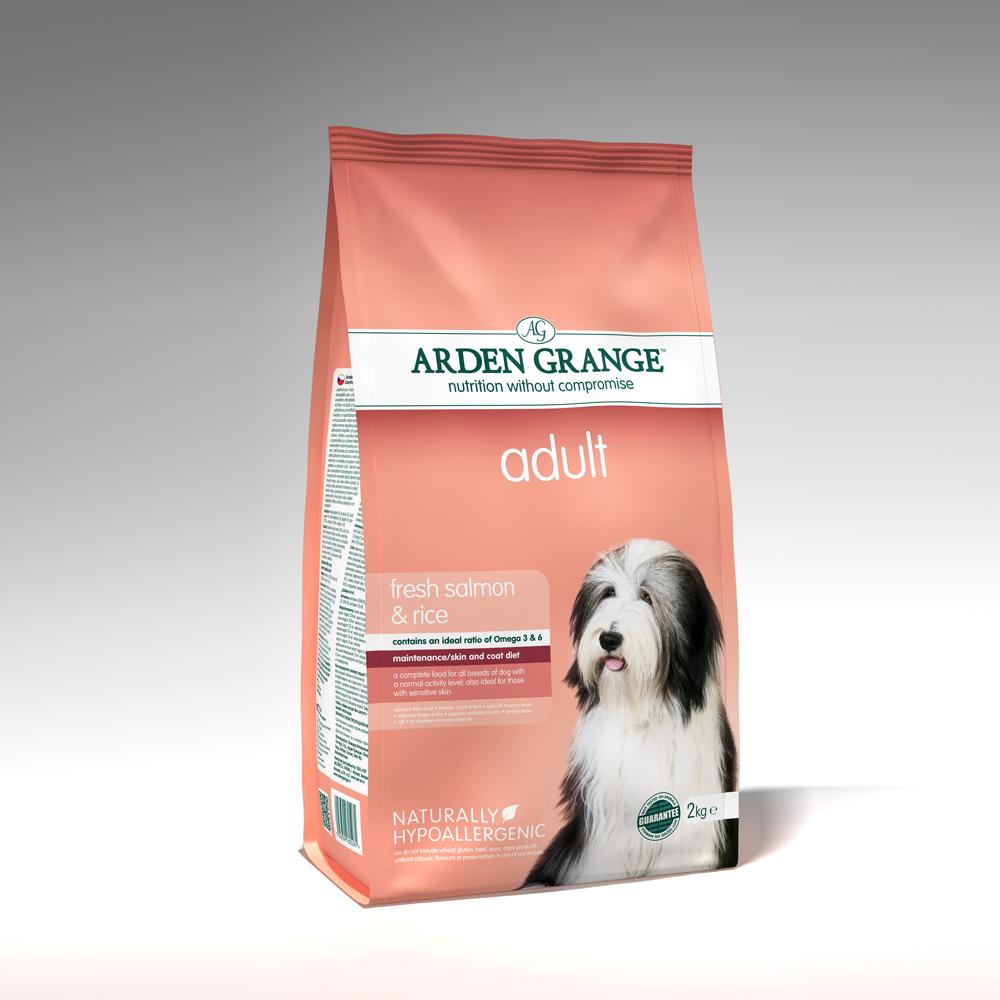 Arden Grange Adult Salmon &amp; Rice dog food with a black and white dog on the front.