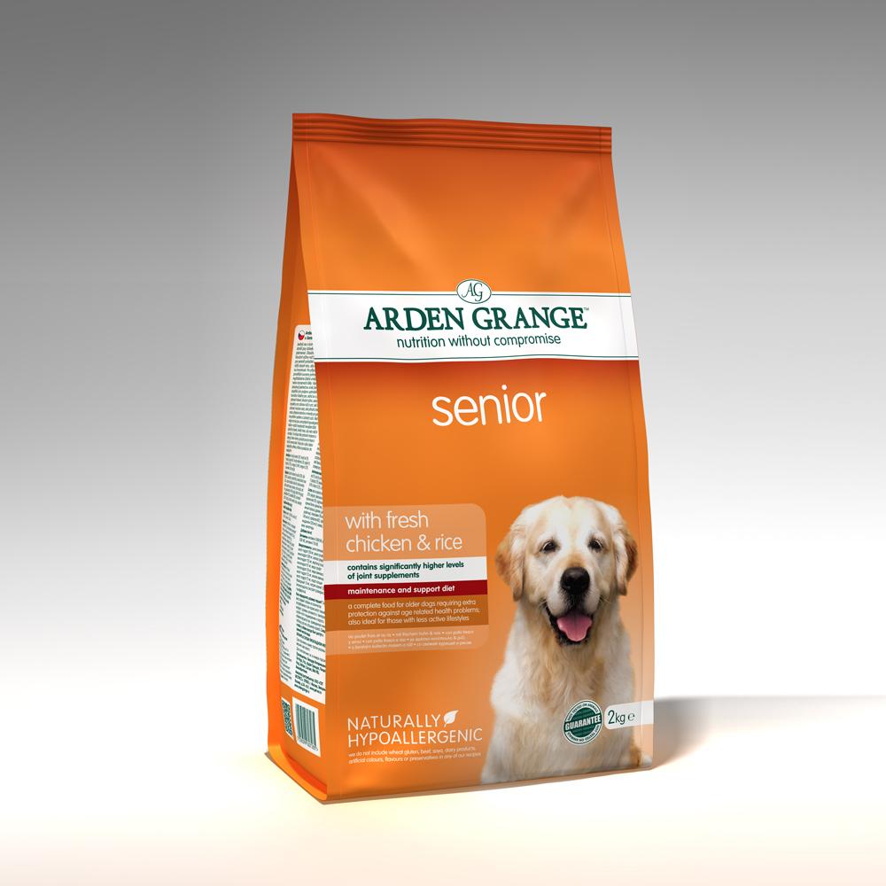Orange Arden Grange Senior dog food bag with a golden retriever on the front.