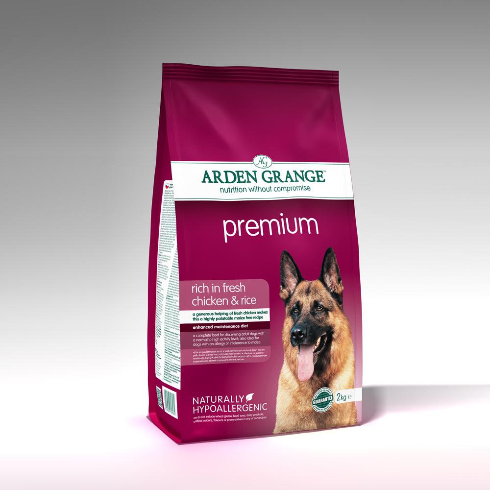 Arden Grange Premium 12kg dog food features a German Shepherd on the bag.