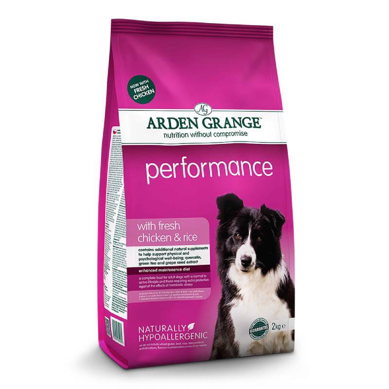 Pink 12kg Arden Grange Performance dog food bag, features a black and white dog.