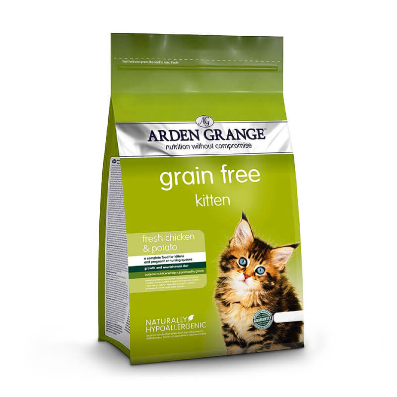 Arden Grange Kitten Chicken &amp; Potato: grain free kitten food in a green bag with a fluffy kitten.