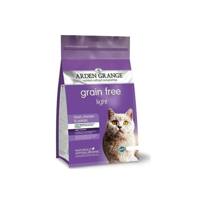 Arden Grange Cat Light Chicken &amp; Potato in a purple bag, grain free cat food.