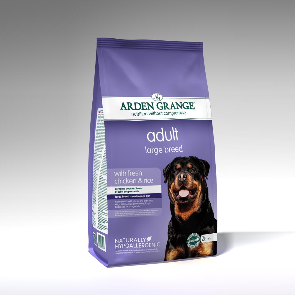 Purple bag of Arden Grange Adult Large Breed Chicken dog food featuring a Rottweiler.